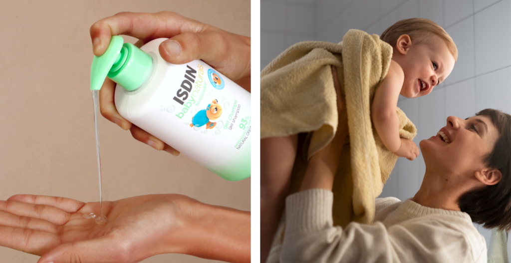 Primer plano de una mano aplicando gel dermatológico infantil desde un envase, mostrando la textura ligera de un producto de skincare para niños con piel atópica Babynaturals de ISDIN