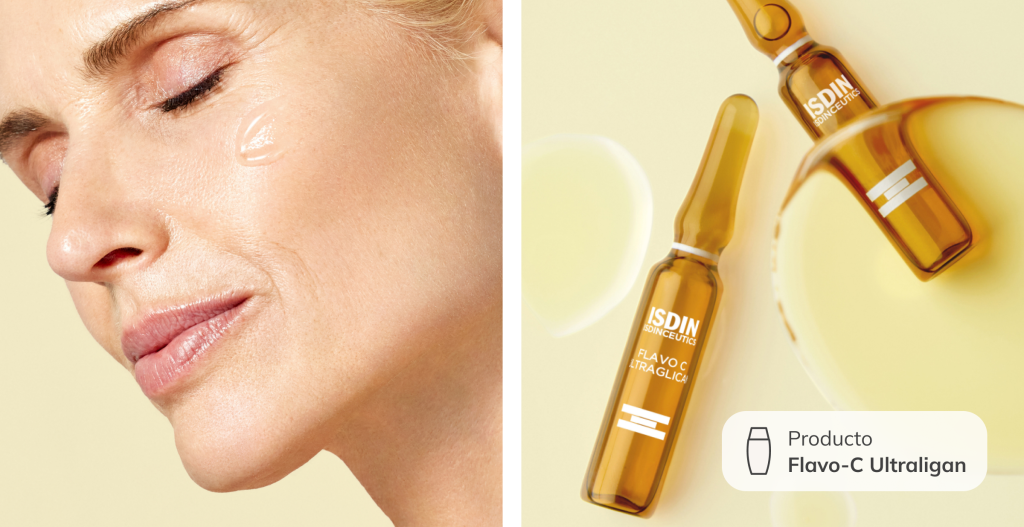 Perfil de rostro de Judith Masco con sérum aplicado en la mejilla y manos tocando suavemente la piel. Producto ISDIN Flavo-C Ultraglican, textura hidratante que deja la piel radiante para bodas, cenas y eventos.