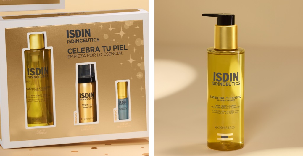 Estuche navideño ISDINCEUTICS “Empieza por lo esencial”, con limpiador Essential Cleansing y otros dos productos.