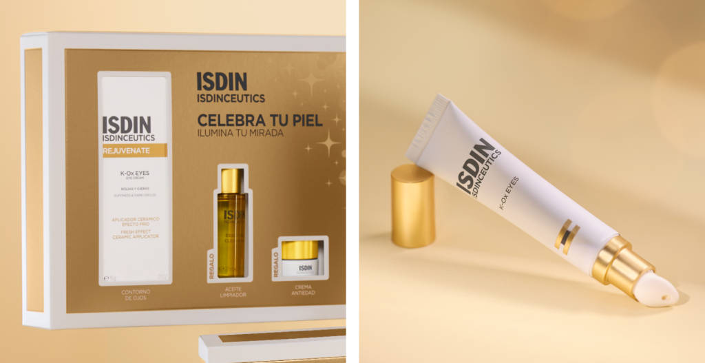 Caja del pack ISDINCEUTICS “Ilumina tu mirada”, que incluye K-Ox Eyes y otros productos complementarios.