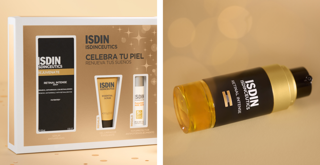 : Caja navideña ISDINCEUTICS “Celebra tu piel – Renueva tus sueños”, con suero Retinal Intense y otros productos visibles.