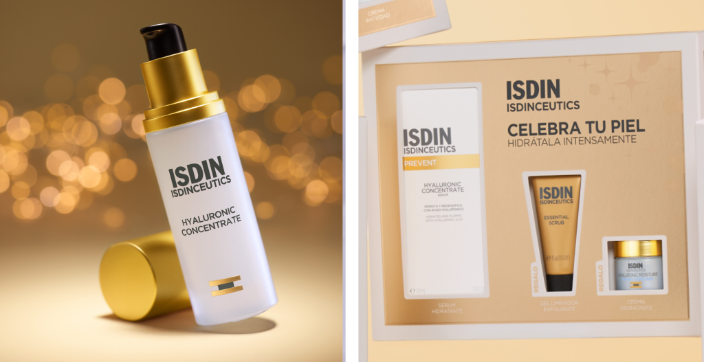 Caja de un pack de Navidad ISDINCEUTICS “Celebra tu piel – Hidrátala intensamente”, con productos hidratantes visibles a través de la ventana frontal.