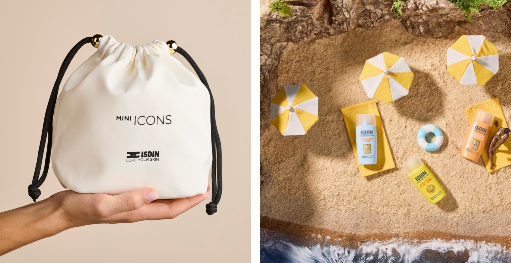Neceser Mini Icons de ISDIN sostenido en la mano junto a escena de playa con productos solares en formato mini