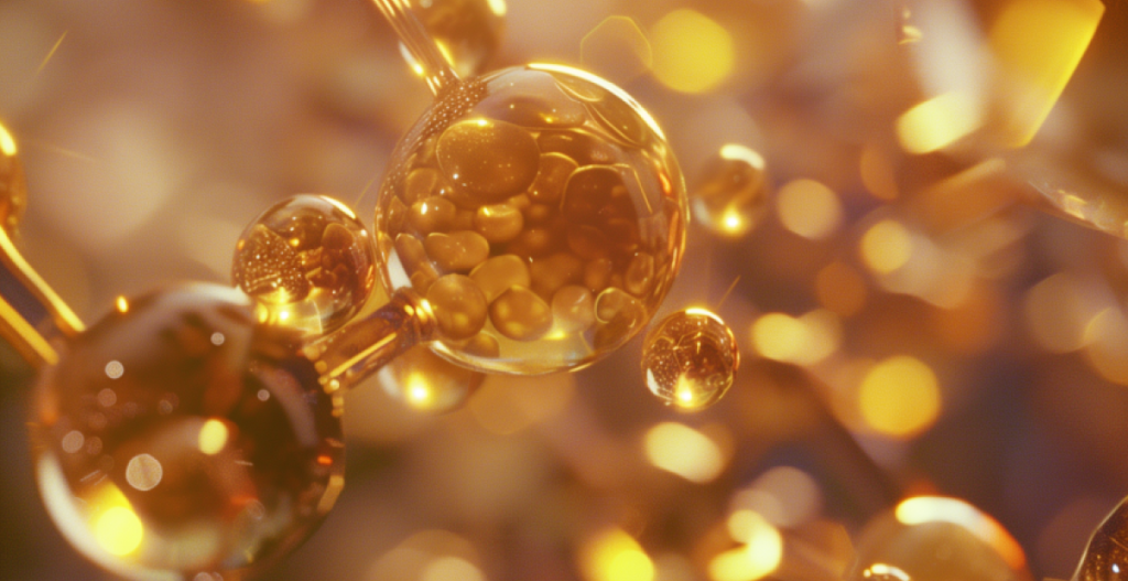 Ilustración de moléculas doradas brillantes, símbolo de la acción del ácido tranexámico y la vitamina C contra manchas.