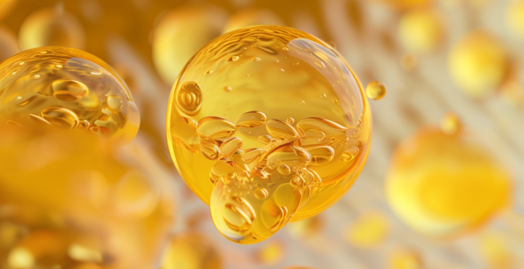 Burbujas doradas en macrofotografía, representación visual de vitamina C en fórmulas antioxidantes antimanchas.