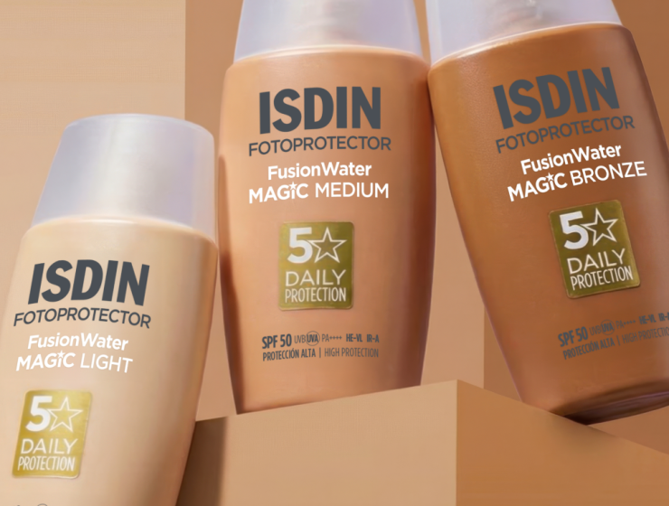 Tres tonos de protector solar facial con color ISDIN Fusion Water MAGIC Light, Medium y Bronze SPF 50.