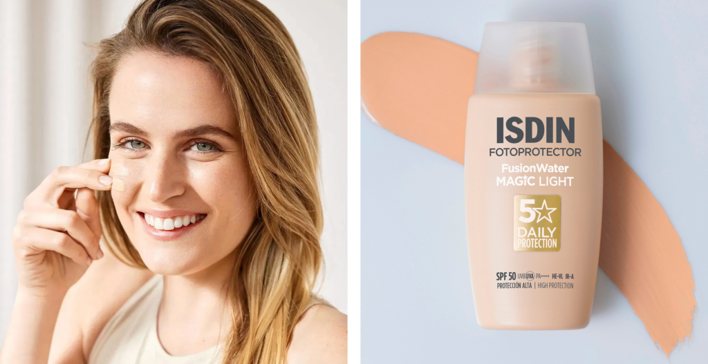 Protector solar facial con color ISDIN Fusion Water MAGIC Light SPF 50 para piel clara y acabado natural.