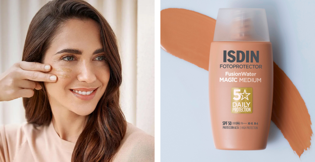 Protector solar facial con color ISDIN Fusion Water MAGIC Medium SPF 50 para un tono uniforme y luminoso.