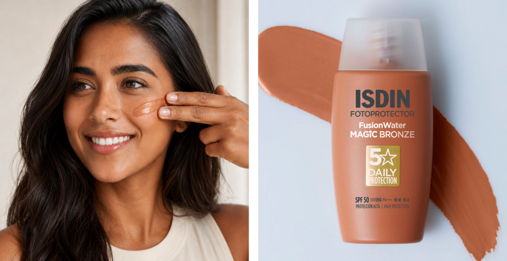 Protector solar facial con color ISDIN Fusion Water MAGIC Bronze SPF 50 para un acabado cálido y bronceado.