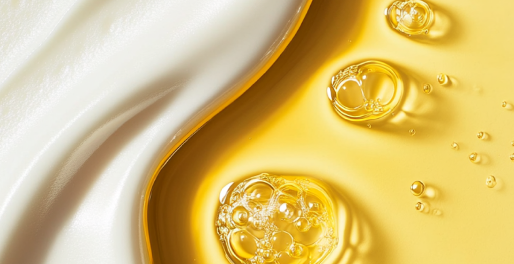 Textura cremosa blanca junto a gotas de aceite dorado, ingredientes clave en fórmulas de skincare con retinal