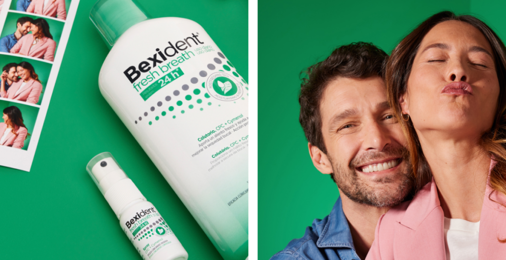 Bexident Fresh Breath colutorio y spray junto a una pareja sonriendo sobre fondo verde.