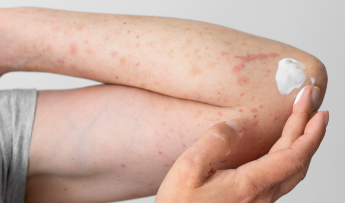 Primer plano de un brazo con enrojecimiento y pequeñas lesiones; una mano aplica crema blanca sobre la piel afectada por dermatitis atópica