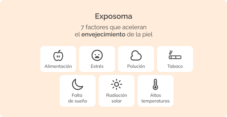 Infografía sobre el exposoma, mostrando los factores externos que aceleran el envejecimiento: estrés, polución, radiación solar, tabaco y más.