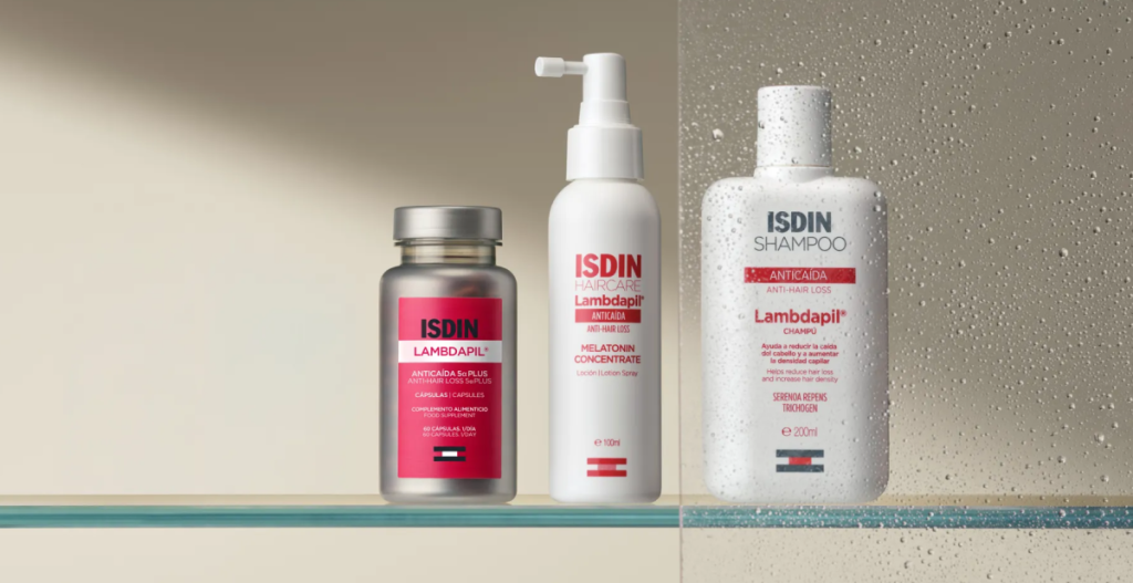 Gama Lambdapil de ISDIN con cápsulas 5 Alfa Plus, loción anticaída y champú anticaída