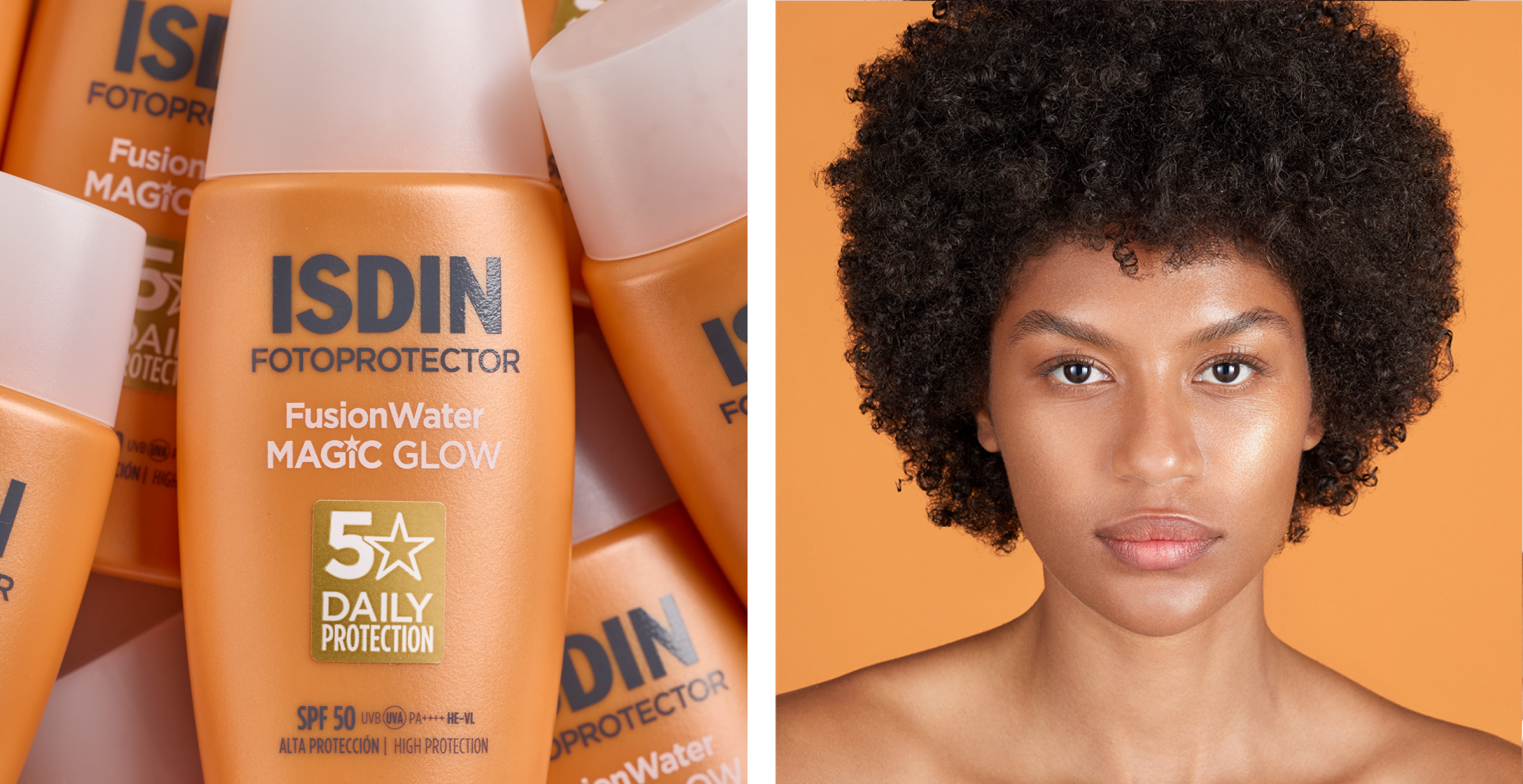Protector solar ISDIN Fusion Water Magic Glow SPF 50 junto a primer plano de una mujer con piel luminosa y natural.