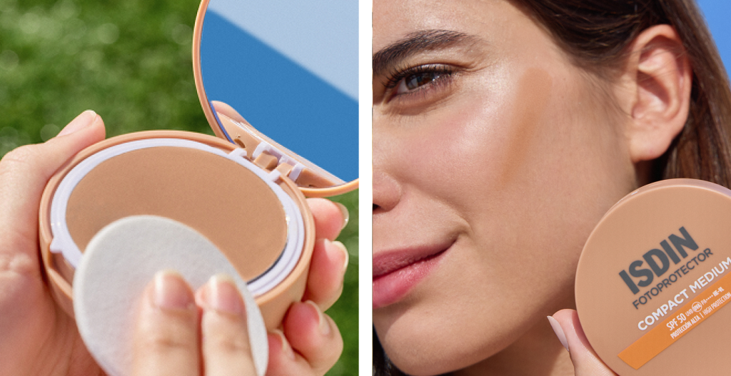 Compacto de maquillaje con protección solar y esponja aplicadora, perfecto para retoques durante el día.