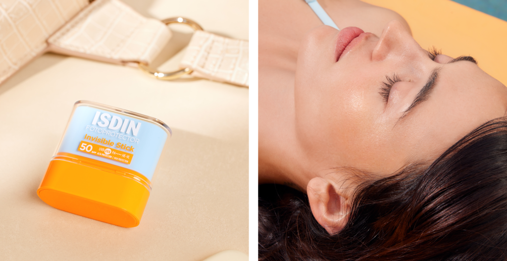 Protector solar en barra ISDIN Fotoprotector Invisible Stick SPF 50 junto a su textura transparente, ideal para reaplicar protector solar sin mover el maquillaje.
