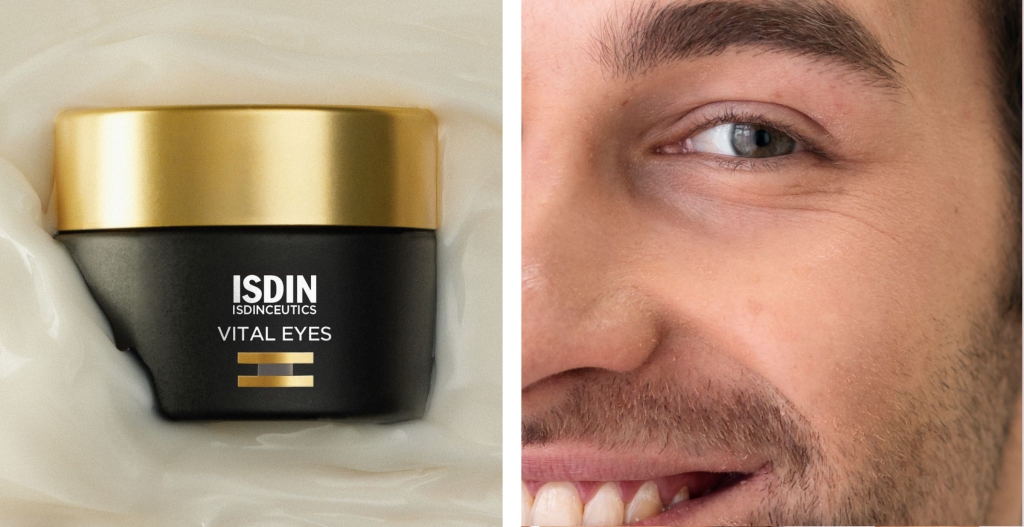 Envase negro con tapa dorada de ISDIN Vital Eyes junto a un primer plano del contorno de ojos de un hombre sonriendo, sobre fondo dividido.