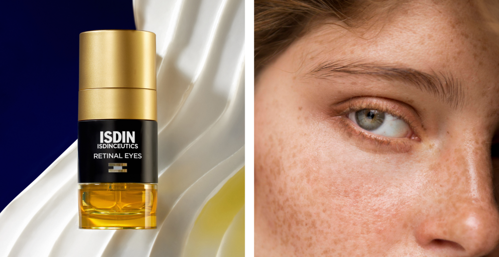 Textura cremosa de un contorno de ojos con retinal en tono claro, extendida sobre una superficie, mostrando su consistencia ligera y nutritiva.
