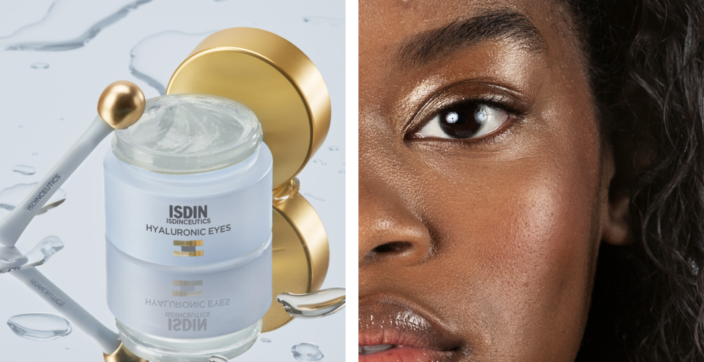 Envase de vidrio con tapa dorada de ISDIN Hyaluronic Eyes, acompañado de espátula aplicadora y textura en gel transparente, junto a primer plano de un ojo femenino con maquillaje luminoso.