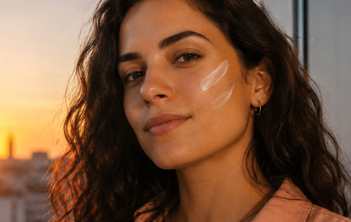 Mujer con fotoprotector en la mejilla junto a una ventana al atardecer
