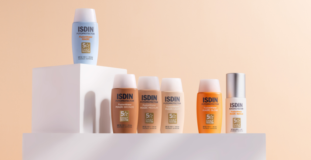 Gama ISDIN Fotoprotector Fusion Water Magic SPF 50 para protección solar facial diaria.