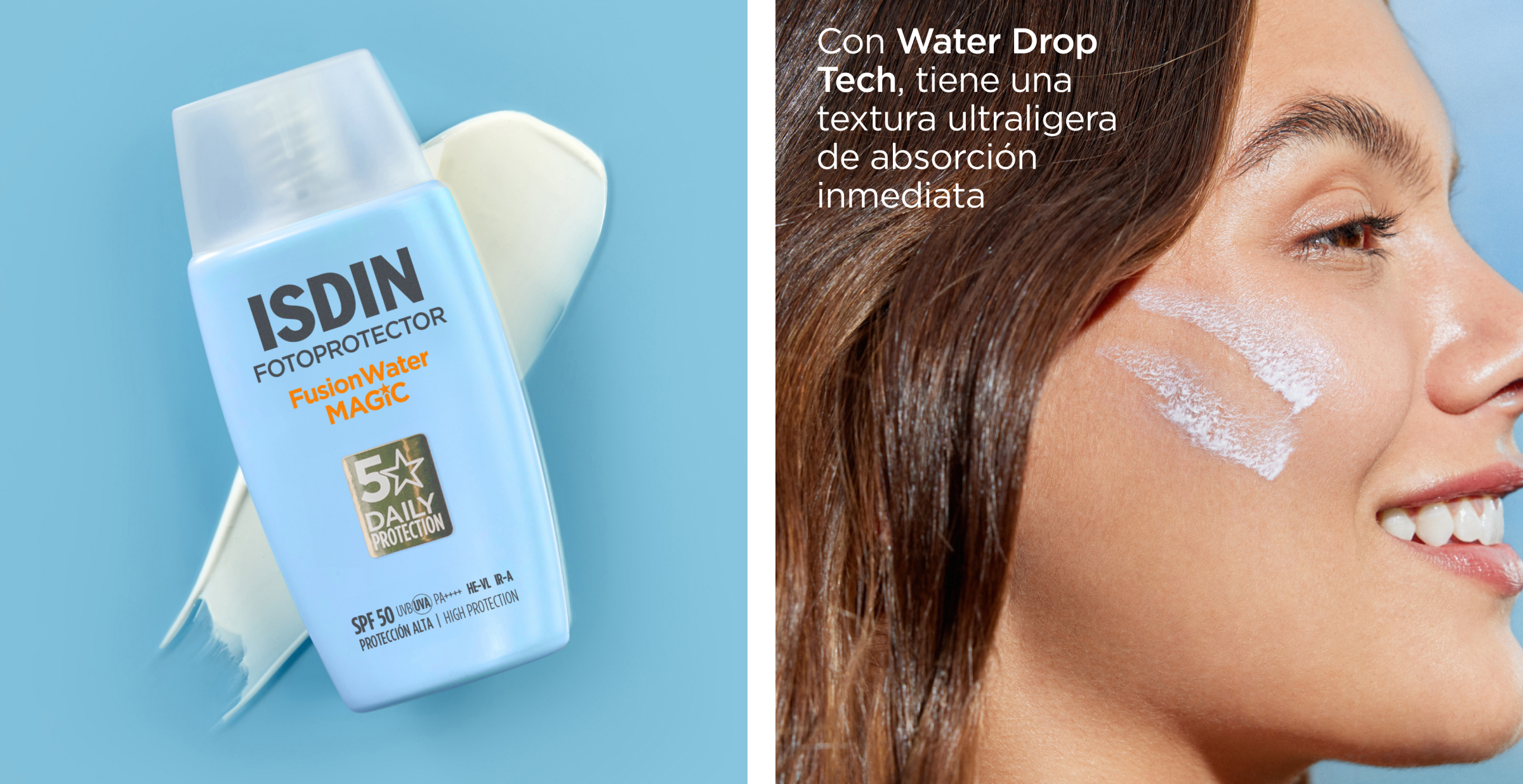 ISDIN Fusion Water Magic SPF 50 con textura ultraligera de rápida absorción para el rostro.