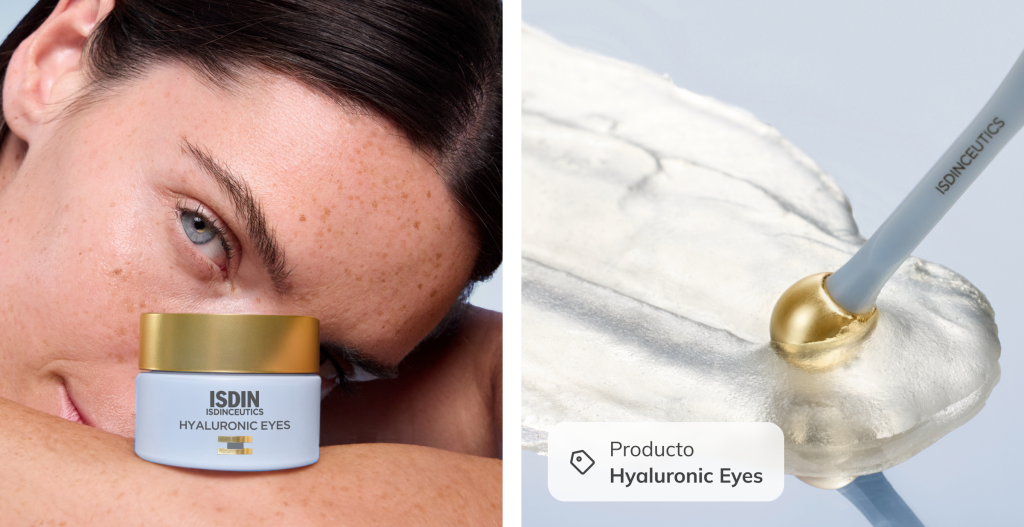 Contorno de ojos Hyaluronic Eyes de ISDIN y mujer apoyada mostrando mirada hidratada, ideal para rutina de skincare de piel seca.