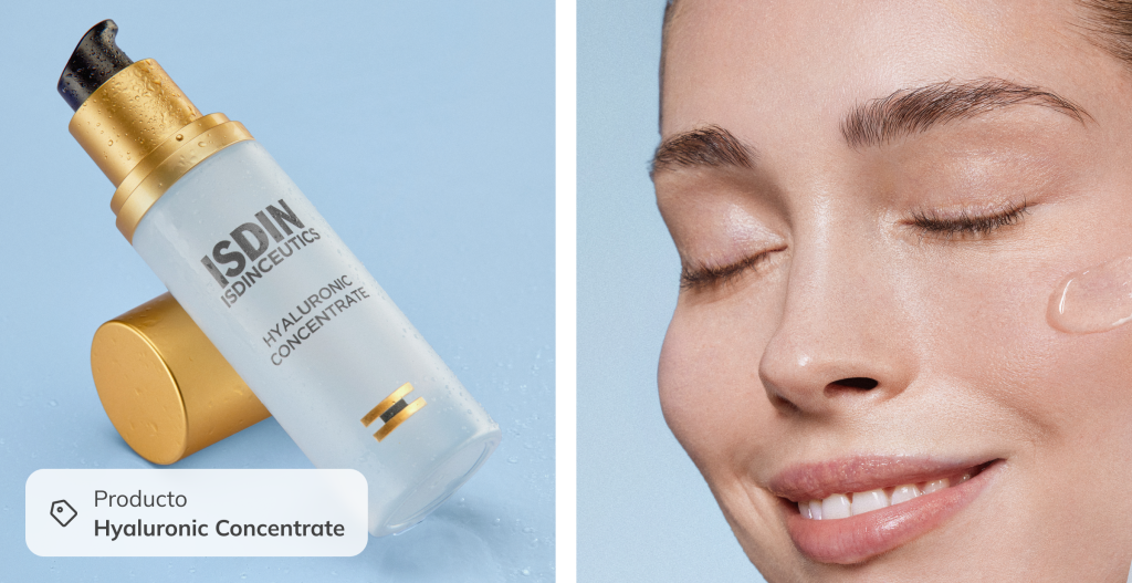 Sérum ISDIN Hyaluronic Concentrate y rostro con piel luminosa, mostrando hidratación profunda para rutina de skincare.