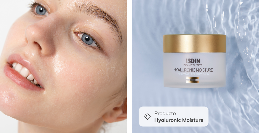 Rostro hidratado con brillo saludable y frasco de crema Hyaluronic Moisture de ISDIN para piel normal a seca.