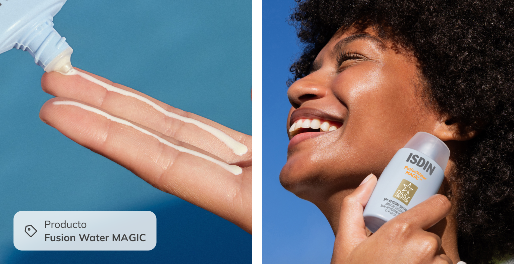 Producto ISDIN Fusion Water MAGIC aplicado sobre los dedos y una mujer feliz sosteniéndolo, ideal para proteger la piel seca con SPF.