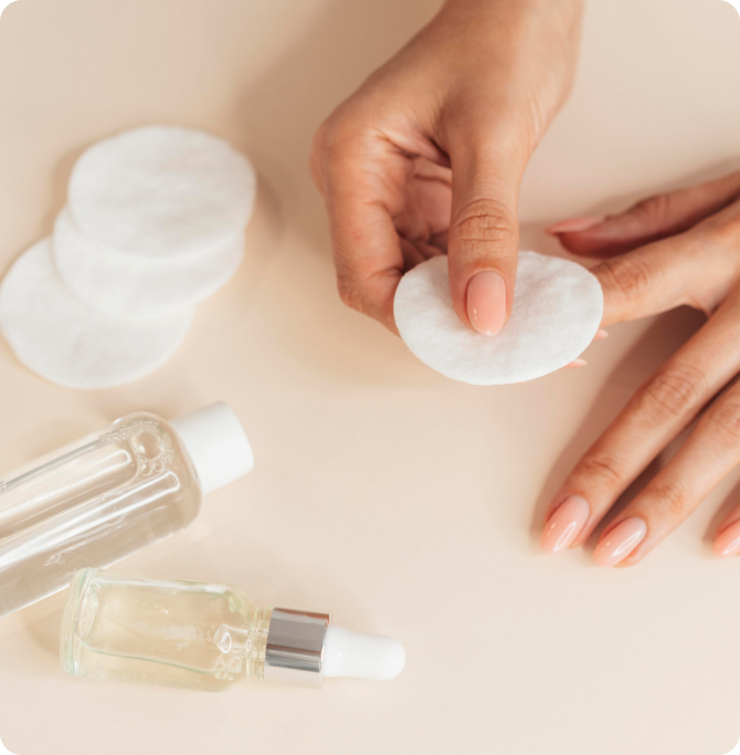 Mano sostiene un disco de algodón limpiando suavemente la uña, junto a botellas y pads de cuidado.