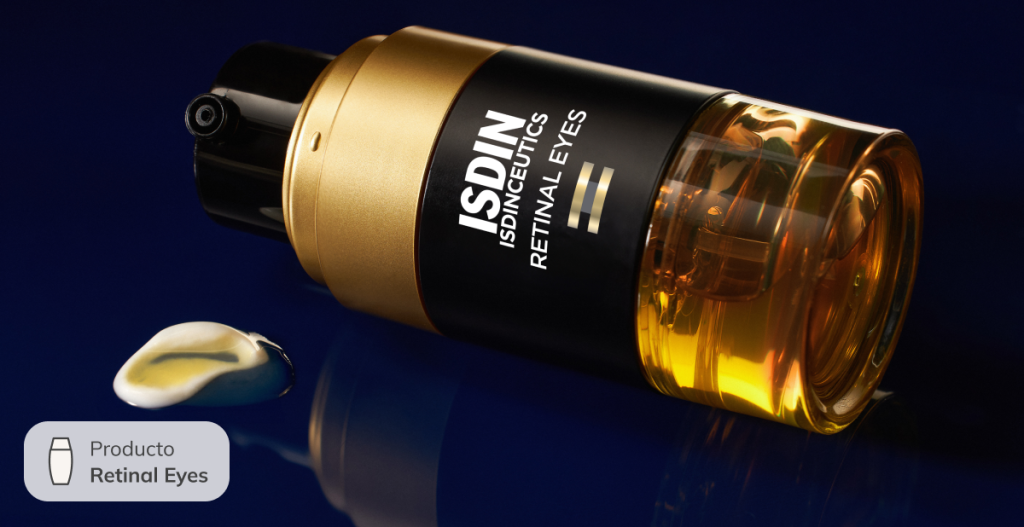 Sérum dorado ISDINCEUTICS Retinal Eyes en envase negro y dorado, pensado para rejuvenecer la zona del contorno de ojos en climas fríos.