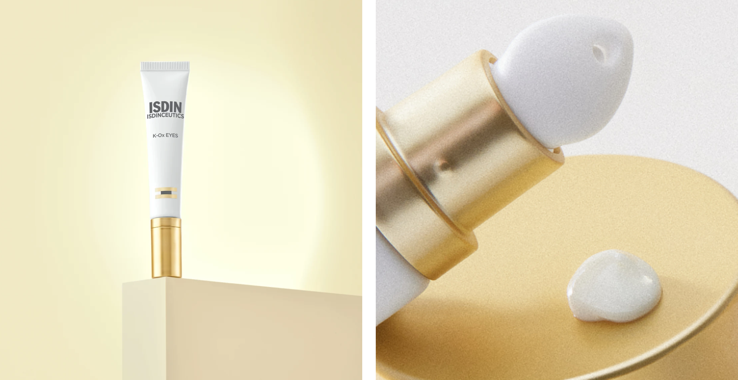 Tubo blanco y dorado de ISDINCEUTICS K-Ox Eyes con aplicador, tratamiento para bolsas y ojeras, perfecto para revitalizar la mirada en otoño.