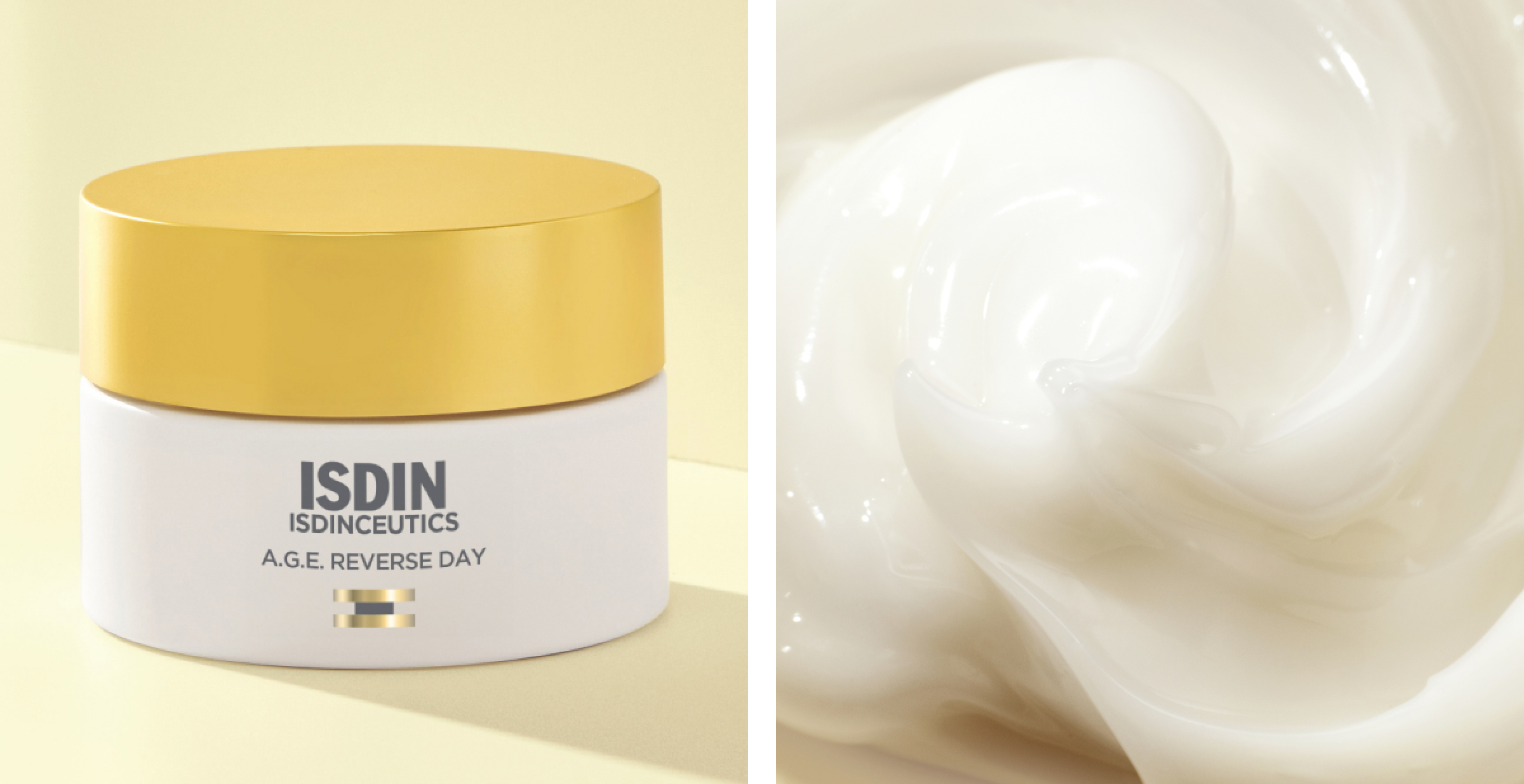 Crema facial ISDINCEUTICS A.G.E. Reverse Day en envase blanco con tapa dorada, textura cremosa para hidratar y proteger la piel en otoño.