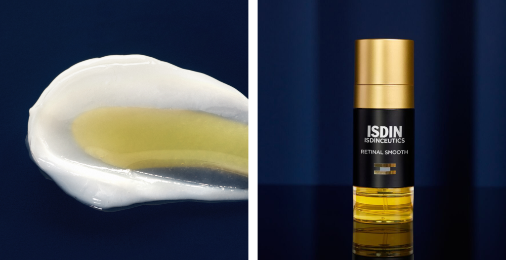 Sérum Retinal Smooth de ISDIN Isdinceutics junto a una muestra de su textura bifásica sobre fondo azul oscuro.