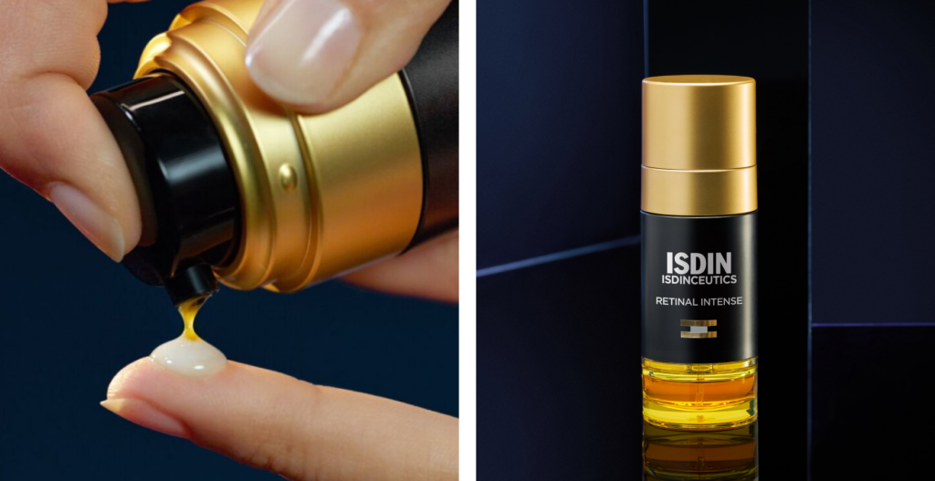 Sérum Retinal Intense de ISDIN Isdinceutics junto a una muestra de su textura bifásica aplicada sobre la yema del dedo.
