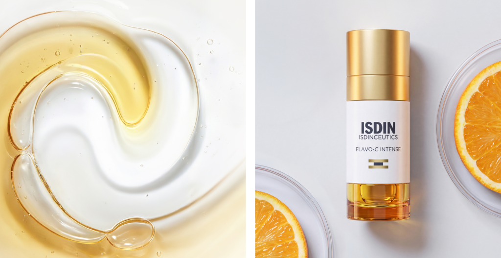 Sérum Flavo-C Intense de ISDIN Isdinceutics con textura dorada y rodajas de naranja que evocan su fórmula con vitamina C.