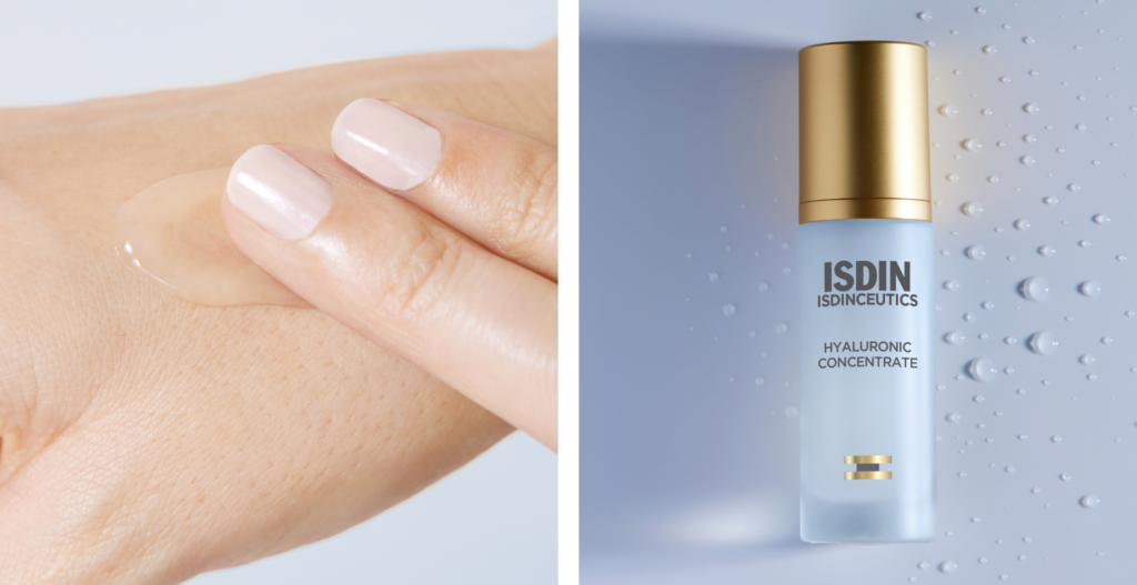 Sérum Hyaluronic Concentrate de ISDIN Isdinceutics junto a su textura en gel transparente aplicada sobre la piel.