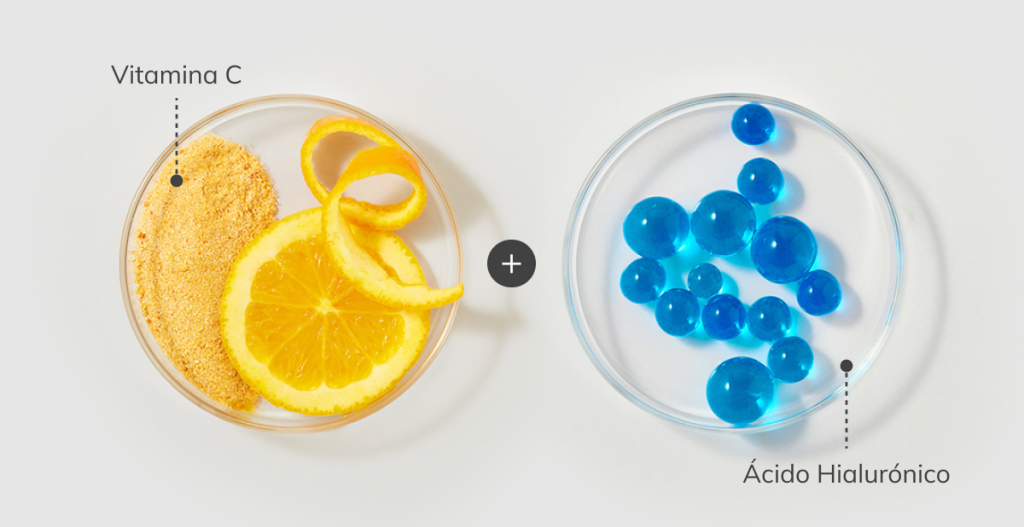 Vitamina C y ácido hialurónico, una combinación antioxidante e hidratante para el cuidado del rostro.