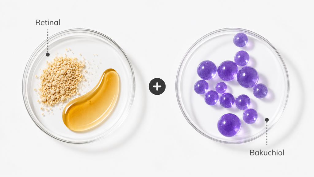 Retinal y bakuchiol, una combinación antiedad que favorece la renovación y el equilibrio de la piel.