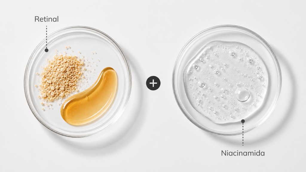 Retinal y niacinamida, una combinación que ayuda a renovar la piel y reforzar la barrera cutánea.