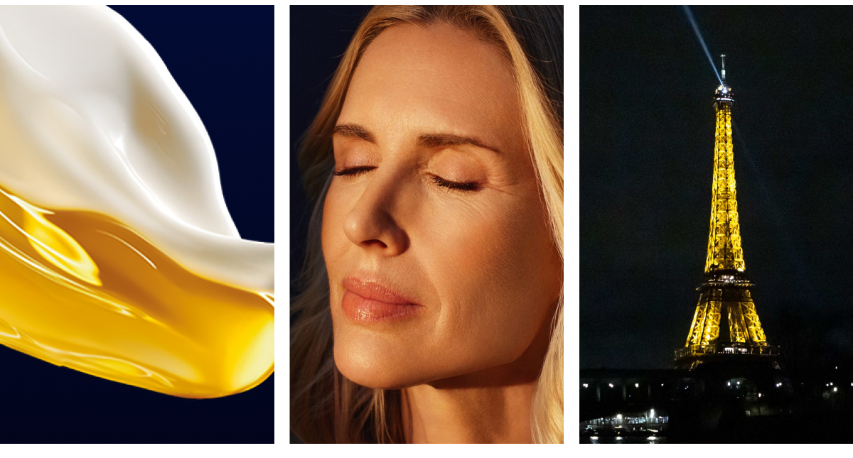 Composición visual que combina textura cosmética dorada, rostro femenino iluminado y la Torre Eiffel de noche, simbolizando ciencia circadiana y fotoenvejecimiento en IMCAS 2026.