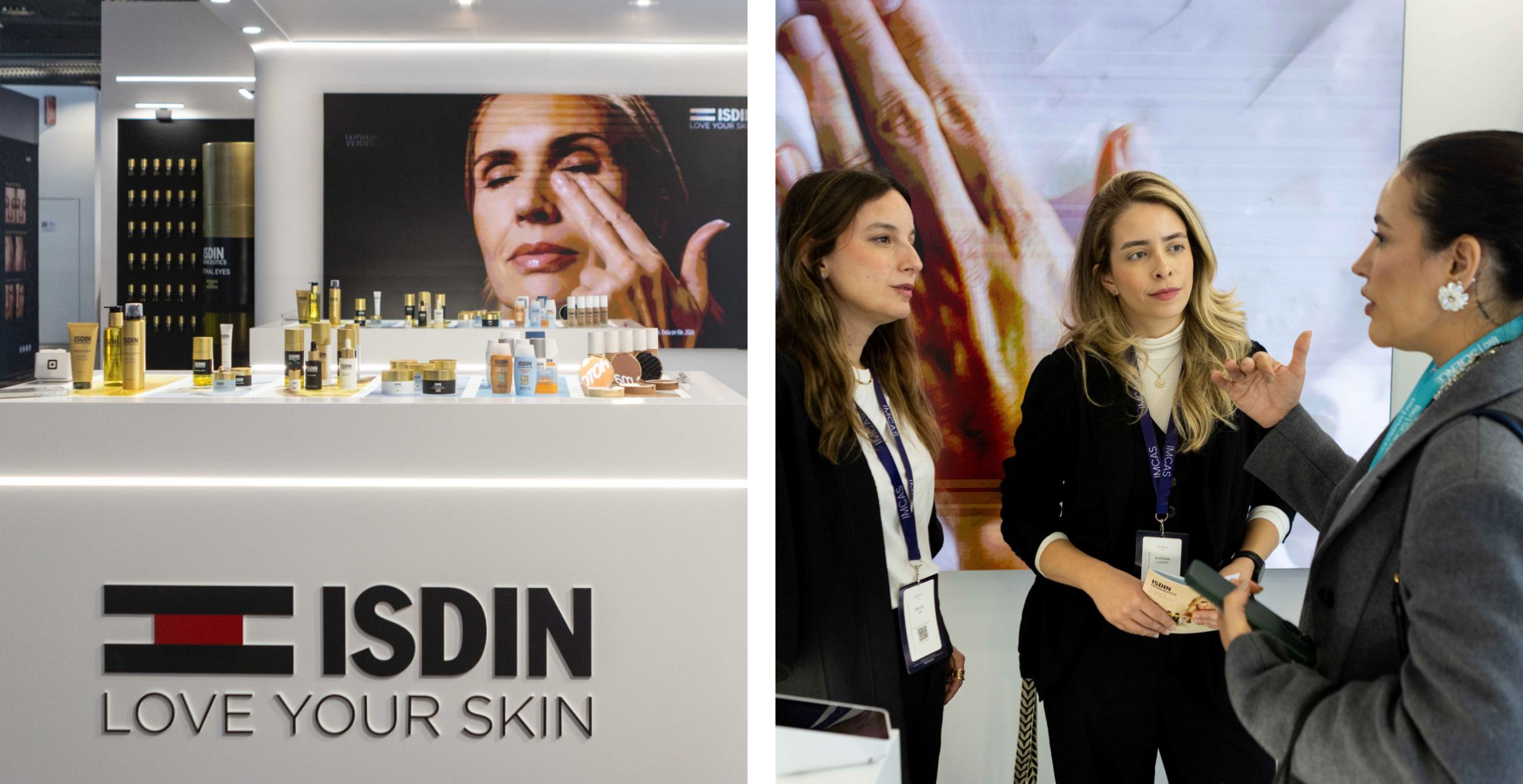 Stand de ISDINCEUTICS en IMCAS París 2026 con exposición de productos y dos profesionales conversando con una dermatóloga sobre innovación en cuidado de la piel.
