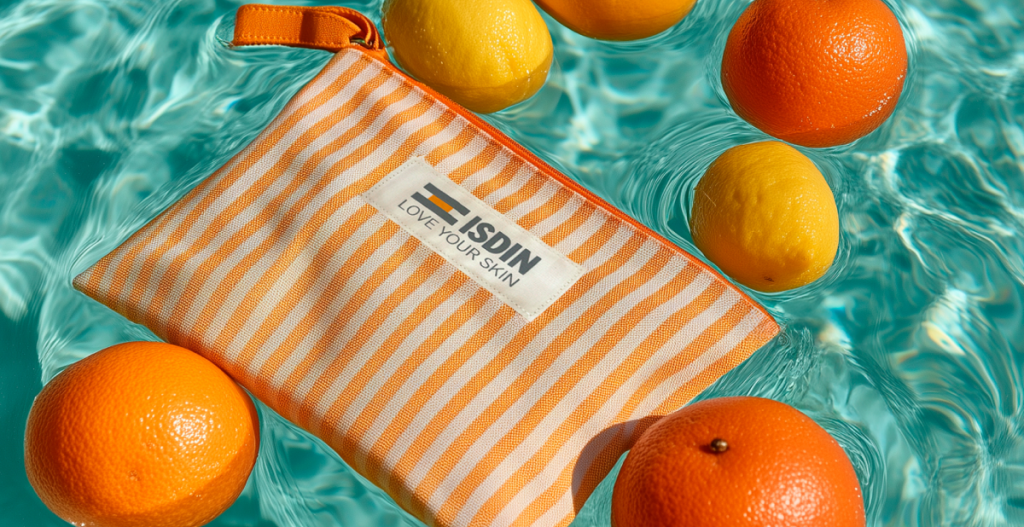 Neceser de ISDIN flotando en agua con naranjas, imprescindible de skincare para escapadas de primavera