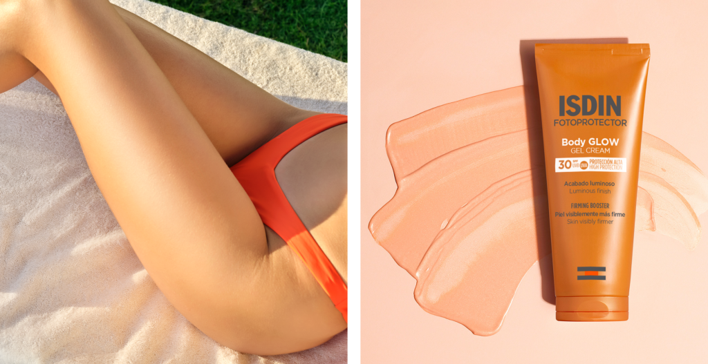 Body Glow SPF 30 de ISDIN junto a textura luminosa y piel al sol, loción corporal para hidratar y potenciar el glow
