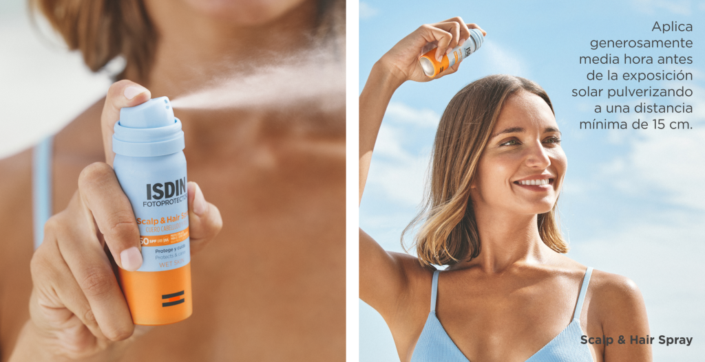 Mujer aplicando Scalp & Hair Spray SPF 50 de ISDIN en el cuero cabelludo; usar generosamente 30 minutos antes y a 15 cm de distancia.