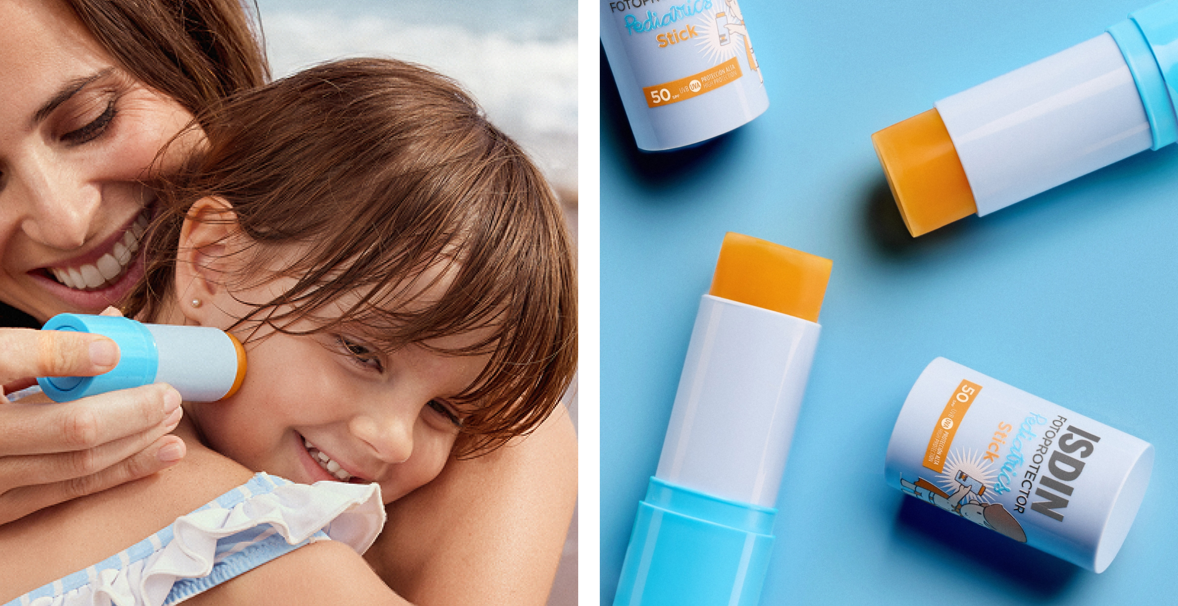 Madre aplicando protector solar en stick a su hija junto a varios sticks de ISDIN Pediatrics.