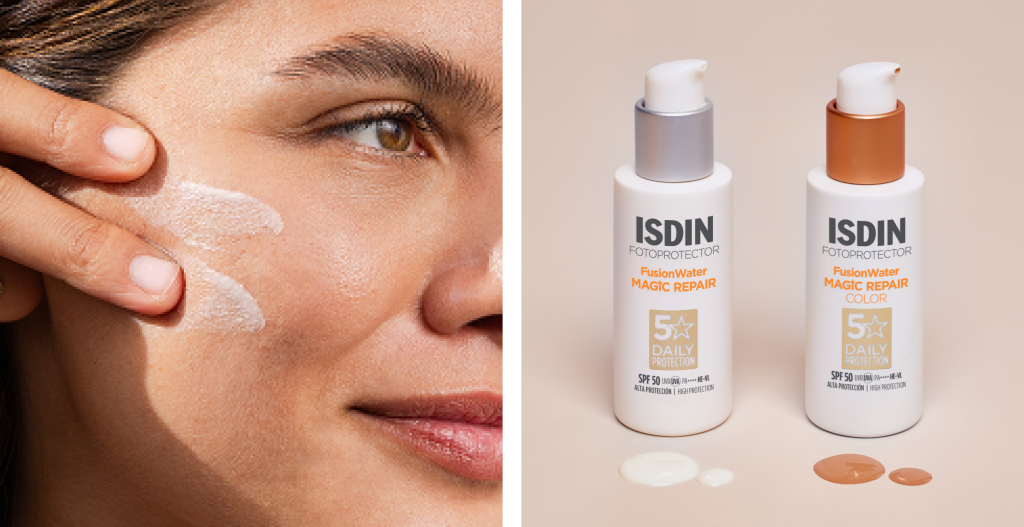 Fotoprotector ISDIN Fusion Water MAGIC REPAIR con textura ligera y versión con color