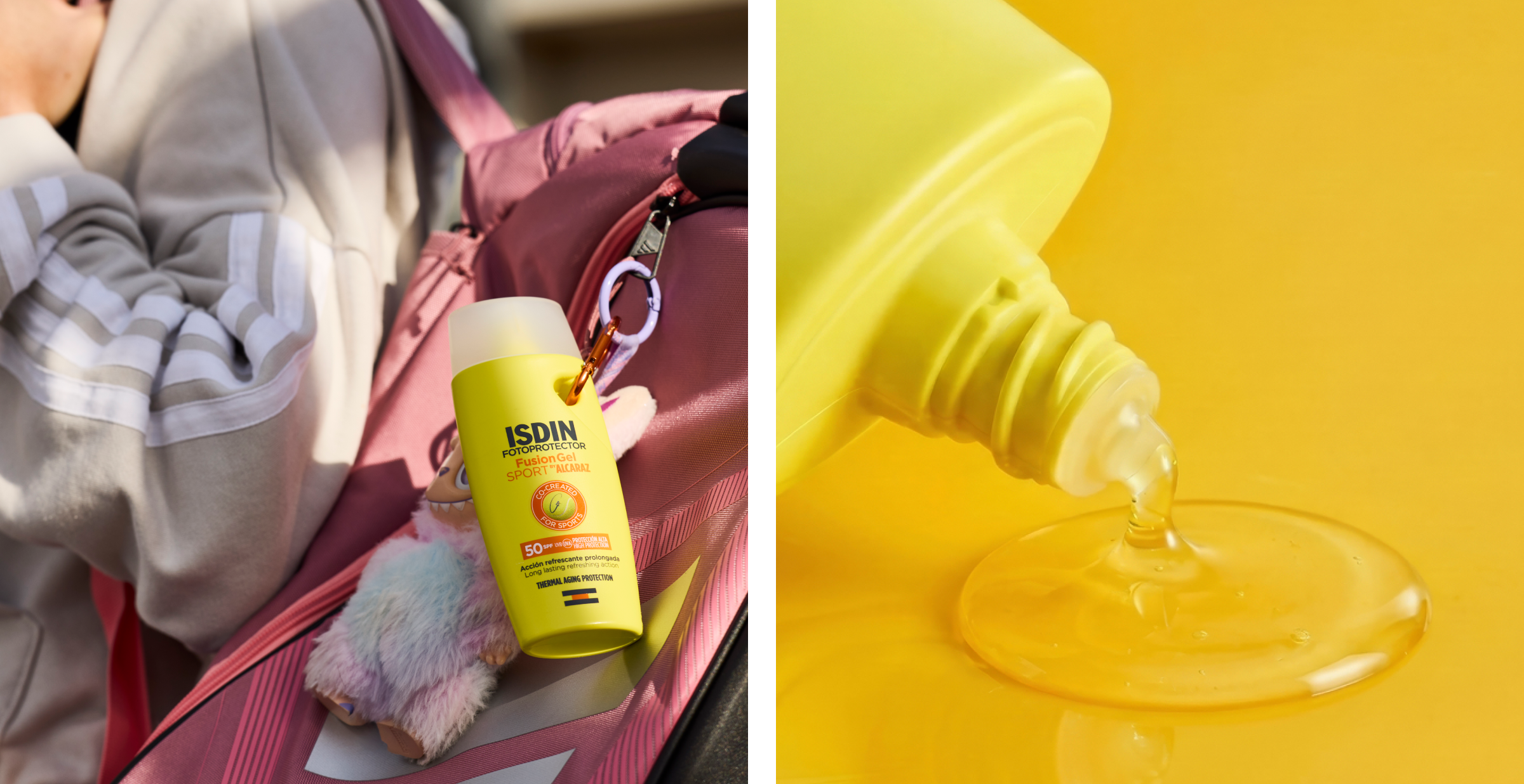 Fusion Gel Sport SPF 50 de ISDIN sujeto a una mochila deportiva junto a una muestra de su textura en gel.